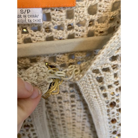 Vtg Y2K Cottage Core Ecru Crochet Gem Beaded Open shrug Cardigan Broach Clasp - Picture 4 of 10